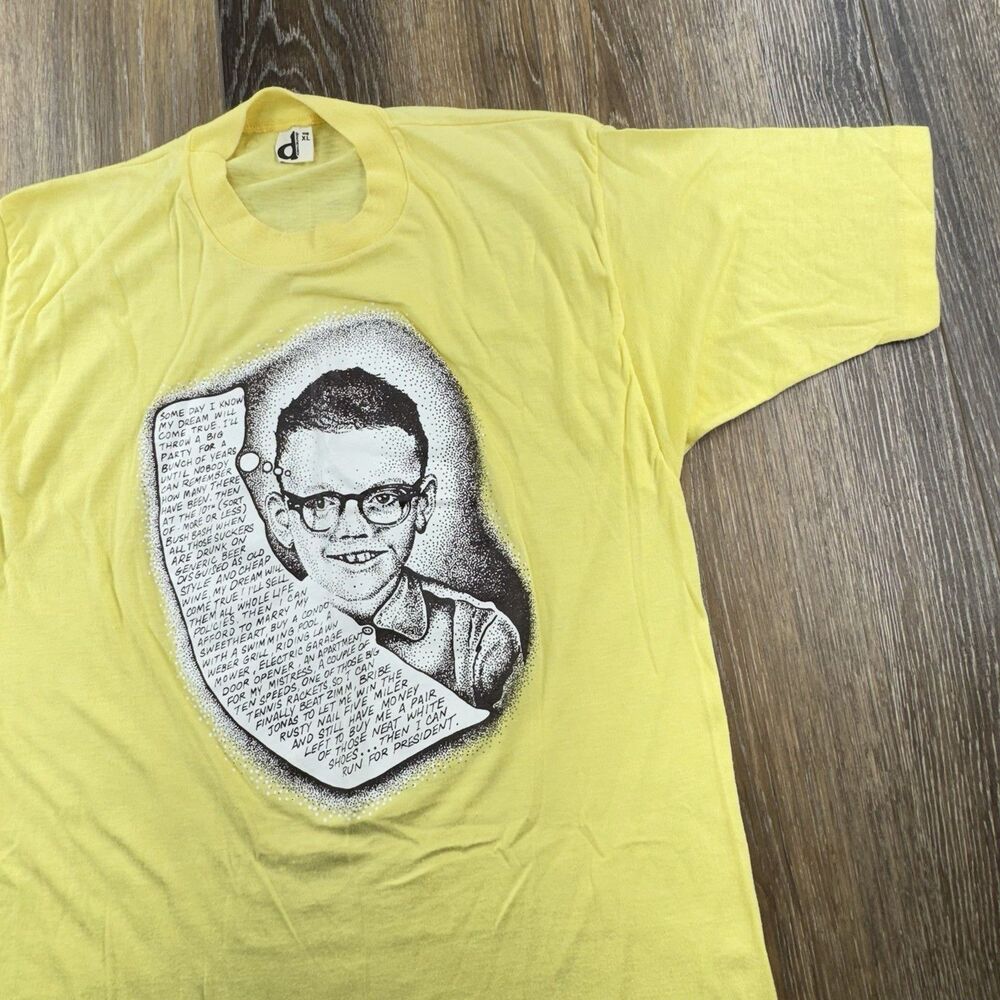 Vintage Devo Shirt Mens XL Yellow Mark Mothersbaugh Quote 70s New Wave RARE Tee
